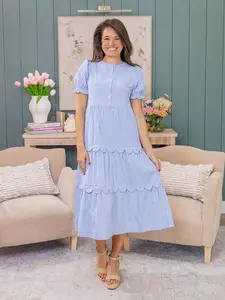 Striped Short Sleeve Tiered Scallop Midi Dress | S-XL