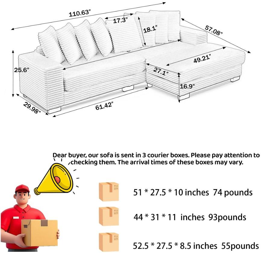 【3 Packages Shipping】 Niccae 111.63'' Oversized L-Shaped Corduroy Sofa (L/R Chaise + 8 Pillows + Adjustable Ottoman) – Easy Assembly, Cloud-Like Living Room Comfort
