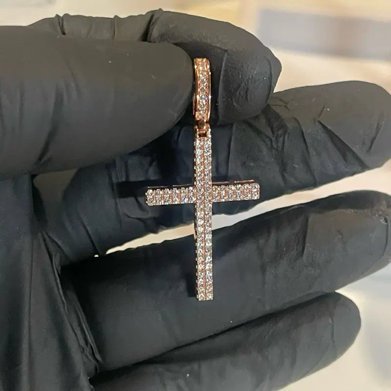 1.1TCW Moissanite 2 Row Cross Pendant - Rose 925, Cross Necklace Chain, Fashion Pendants, Crucifix Silver Necklaces & Pendants