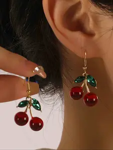 Fashion Leaf Cherry Earrings, Sweet and Fresh Women's Party Vacation Versatile Earings, Unique Design Jewelry, Fruit Veggie Earrings