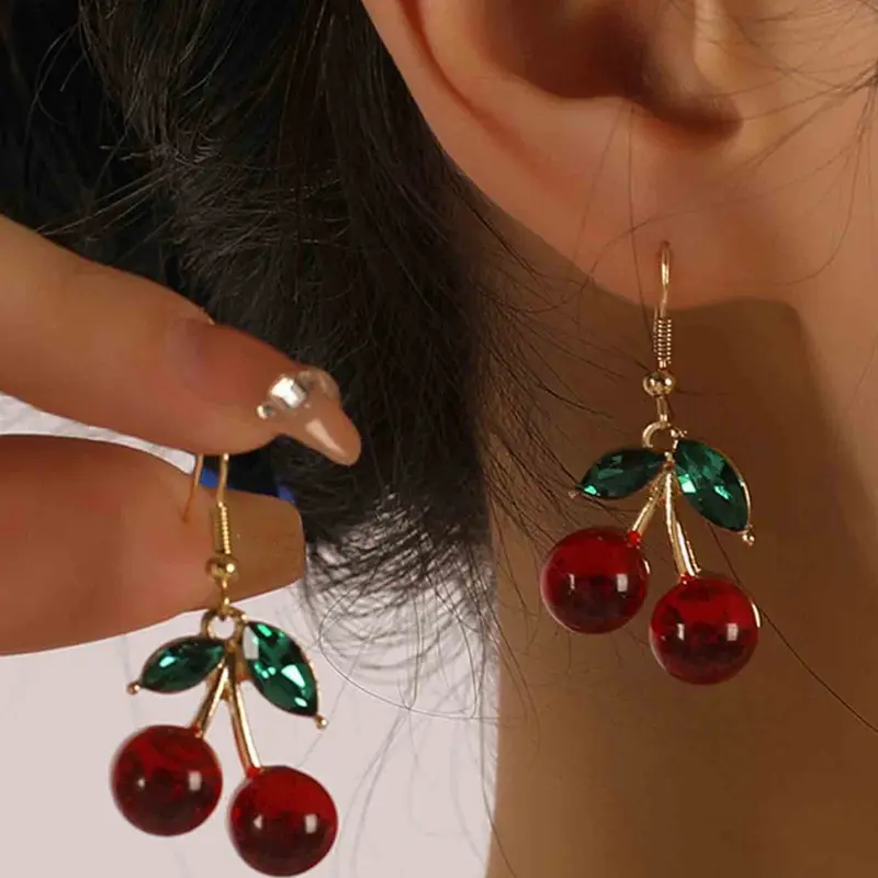 Fashion Leaf Cherry Earrings, Sweet and Fresh Women's Party Vacation Versatile Earings, Unique Design Jewelry, Fruit Veggie Earrings, Fashionable Jewelry, Fashionable Accessories