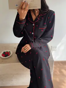 Cherry Print Women's Lapel Pajama Set, Long Sleeve Button Front, Casual Loose-Fitting, All Seasons, Comfortable Sleepwear Loungewear