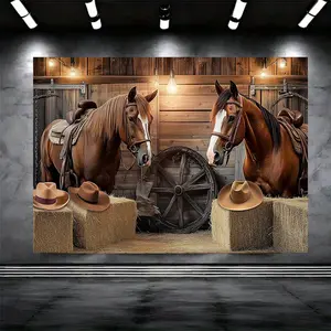 1pc Western Cowboy Backdrop - Rustic Saddle Horses Hay Bales Design Durable Polyester Material Perfect for Birthday Party Photo Booth Cake Table Decoration Western Theme Event