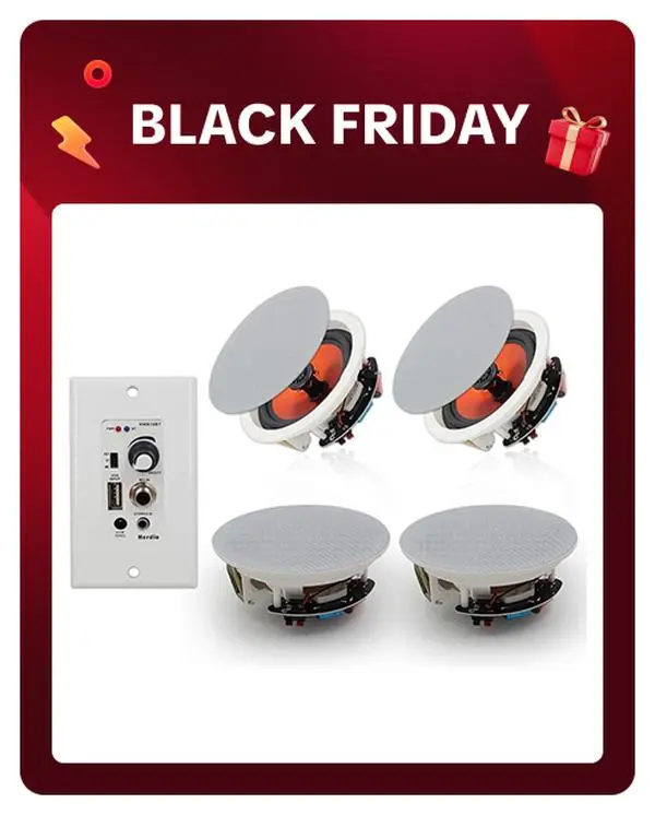 Herdio Compact 6.5-in Ceiling Speakers (2 Pairs, 600W) - Flush Mount Stereo Audio Device with In-Wall Bluetooth Amplifier Receiver, USB Card Reader, Auxiliary Input, Power Adapter for Home Theater