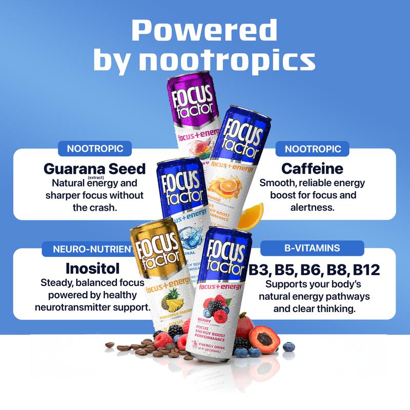 FOCUS FACTOR Focus + Energy Drinks - Zero Sugar - Pack of 12 - 120mg Caffeine - Nootropics & B-Vitamins - Original, Berry or Orange Flavor - for Focus, Energy, Productivity & Performance