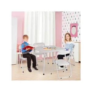 Beige - 5 Piece Foldable Table And Chair Set, Portable Upholstered Card Table And Chair, Metal Frame Folding Children Activity's Table And Chair Set For Dining Room, Playroom, Living Room