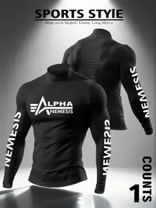 Men's "ALPHA NEMESIS" Logo High-Neck Compression Long-Sleeve Shirt, Sports Style Athletic Top, Stretch Fabric for Workout & Daily Wear, Ideal for Fitness, Street Style & Active Lifestyles, Athletic Compression Shirts