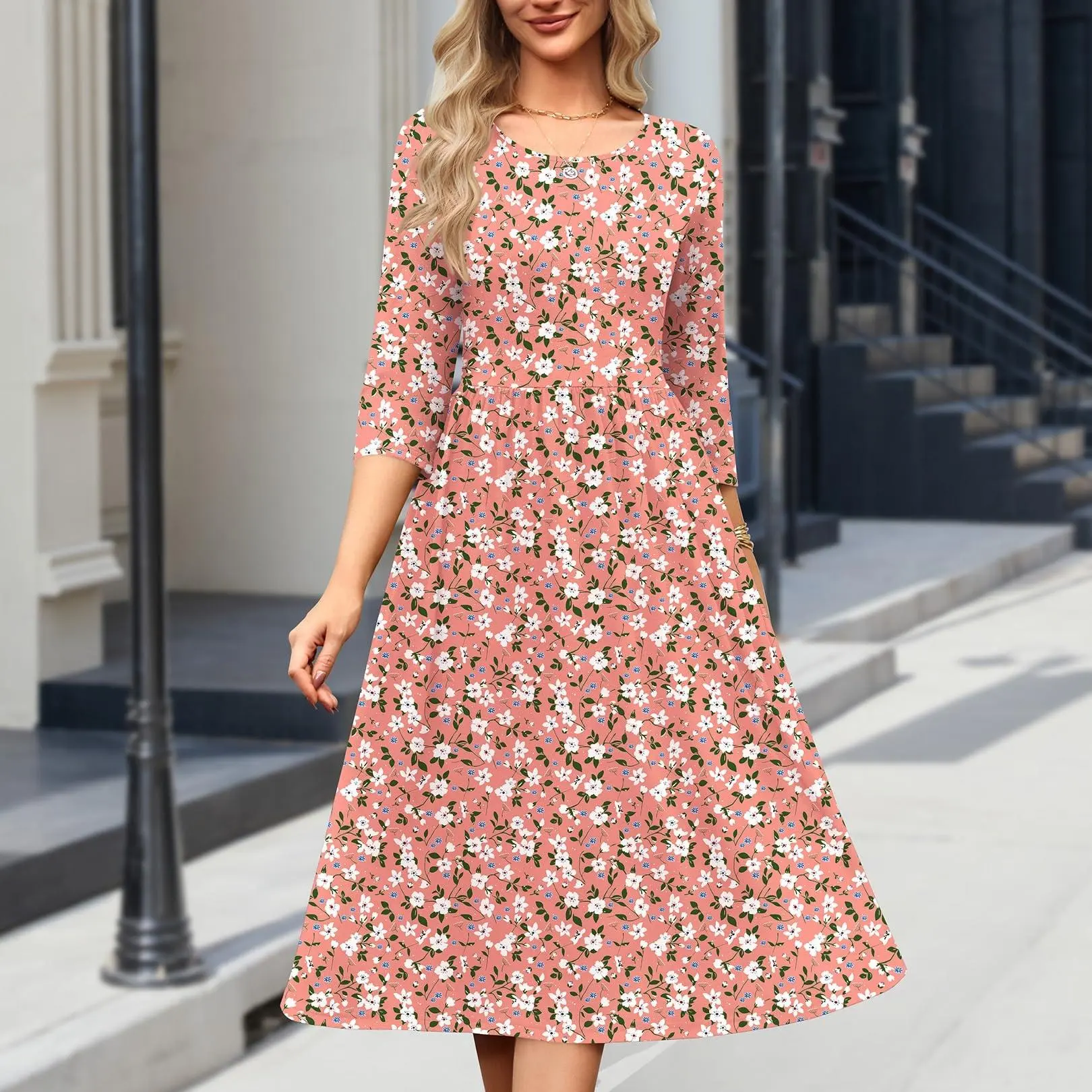 Zeagoo Women's 3/4 Sleeve Round Neck A-Line Midi Dress - Flowy Tshirt Dress with Pockets, Comfortable, Chic, Fashionable Clothes for Women, Boho Casual Beach Vacation Wear, Boho Casual Comfy,back to school,back to school shopping, T-Shirt Dress