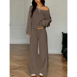Women’s 2-Piece Pajama Set, Elegant Solid Long-Sleeve Top & Wide-Leg Pants, Warm Sleepwear for Autumn/Winter, Casual Homewear, Loungewear