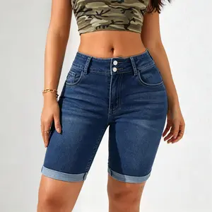 Women Double Button High Waist Solid Dark Blue Cuff Hem Knee Length Denim Bermuda Shorts Super Stretch Summer Bike Shorts