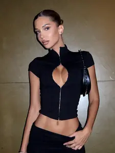 Women's Sexy Stand Collar Hook Design Hollow Out Short Sleeve T-shirt, Women's Versatile Tight-fitting Cropped Black Casual Classy Top, Perfect for Daily Wear