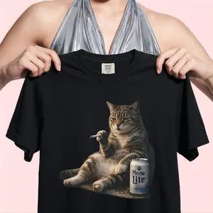 Relaxed Cat with Beer Can and Cigar T-shirt | Funny Cat Illustration
