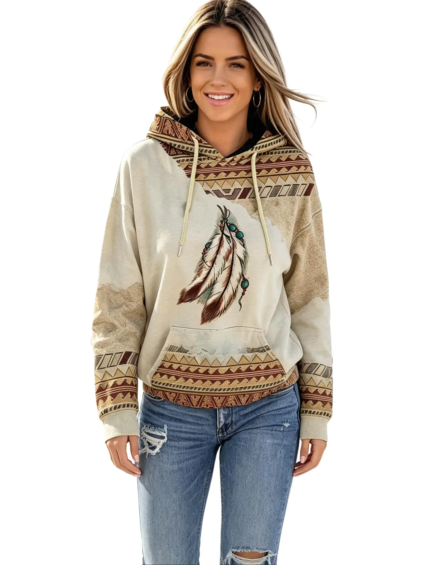 Hoodies for Women Western Aztec Inspired Feather Graphic Sweatshirt Long Sleeve Cowgirl Stuff Shirt Lovers Gift Pullover Fall Tops
