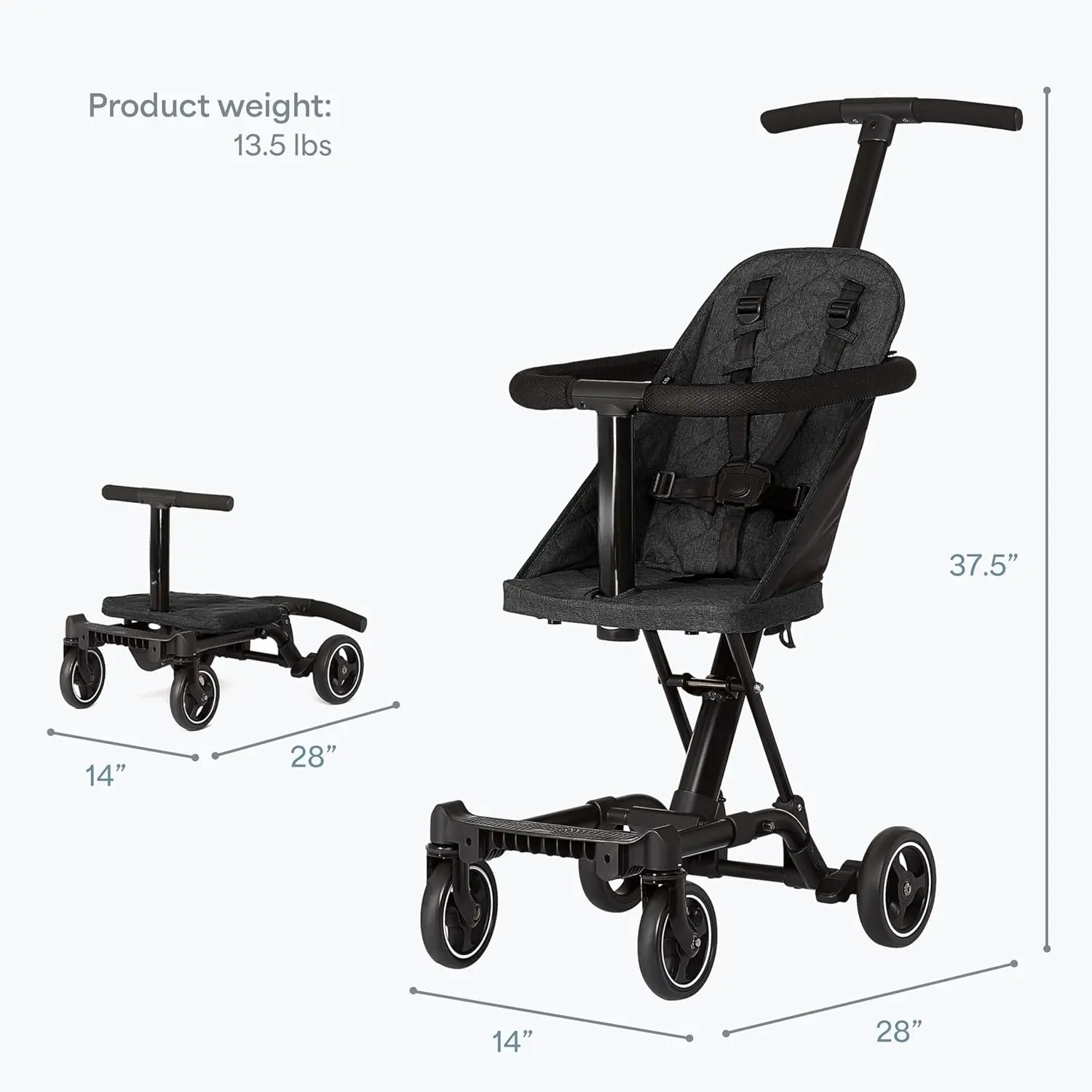 Convertible Baby Stroller, Light Weight & Compact Foldable Design, 2-in-1 Multi-Use for Travel, Converts to Kids Scooter with Soft Tires, Theme Park Approved - Plain Black, Travel Size, Unisex, Fabric, 0 - 2 Years