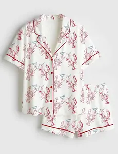 Lobster Dirty Martini Pajama Set - Loungewear with Horse Print Shirt, Cute Animal Gift for Her Women's Short-Sleeve Satin Pajama set