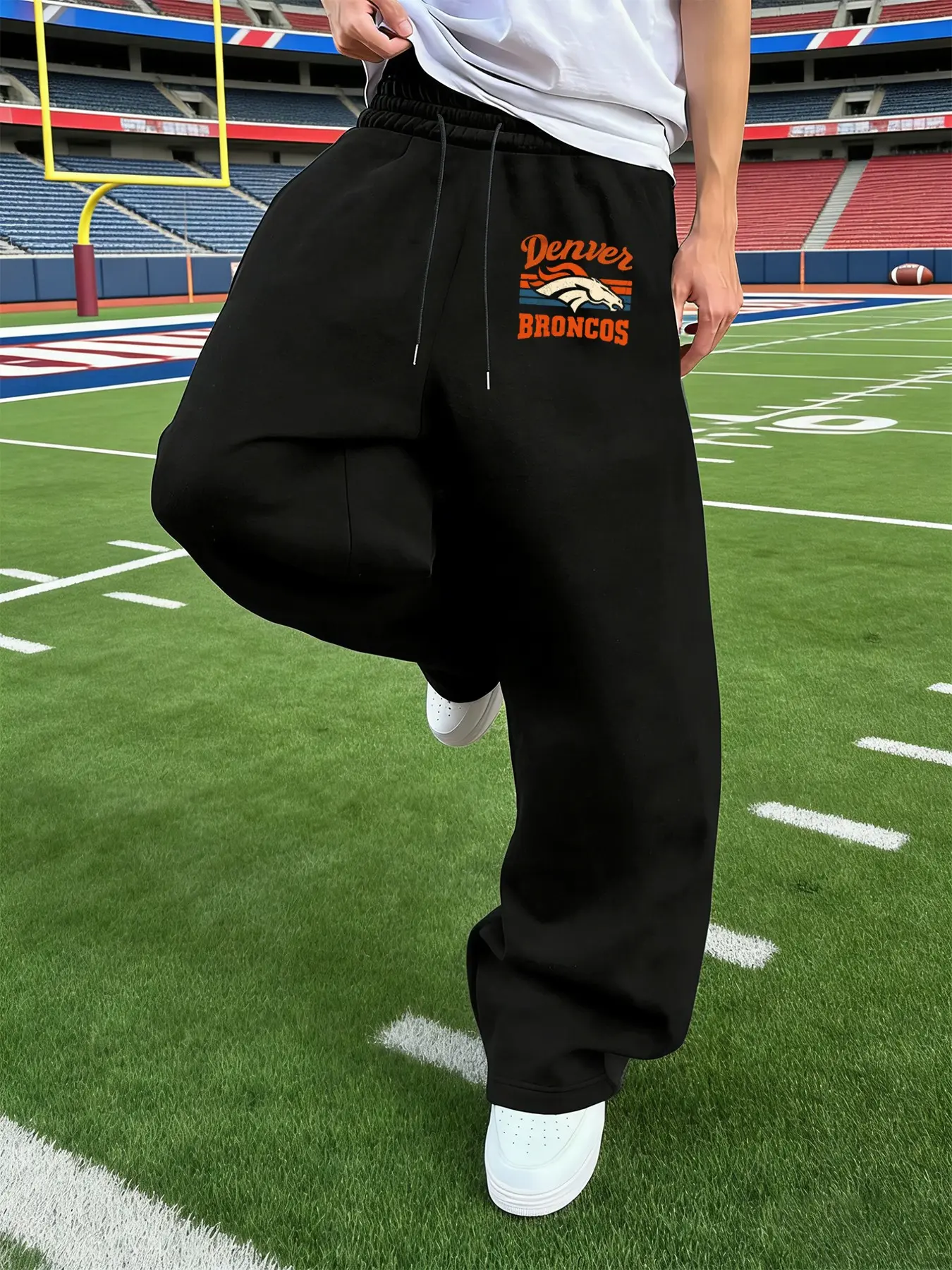 Men's Drawstring Waist Printed Pants, Denver Broncos Letter Print, Comfortable Casual Sweatpants, Athleisure Style Bottoms, Suitable for All Seasons, Casual Sport Trousers