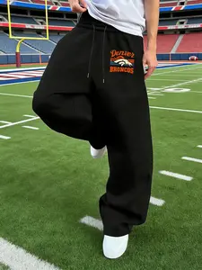 Men's Drawstring Waist Printed Pants, Denver Broncos Letter Print, Comfortable Casual Sweatpants, Suitable for All Seasons, Casual Sport Trousers