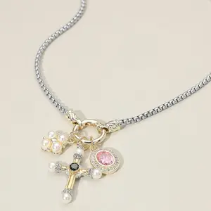 14K Gold Plated Two Tone CZ Stone Pearl Accent Cross Oval Cluster Charm Pendant Necklace