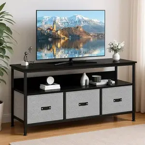 TV Stand for Bedroom with 3 Fabric Drawer,TV Cabinet for 55 Inch TV, Space-Saving TV Console Table with Storage, Entertainment Center with Open Shelf, for Living Room, Dorm black