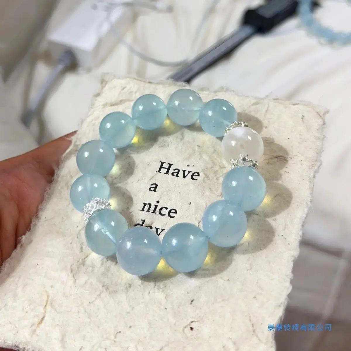 Minimal Cool Aesthetic Natural Aquamarine Beaded Bracelet, Ice Blue Transparent Round Beads with Clear Quartz & Silver Spacers, Elastic Handmade Stackable Jewelry for Women
