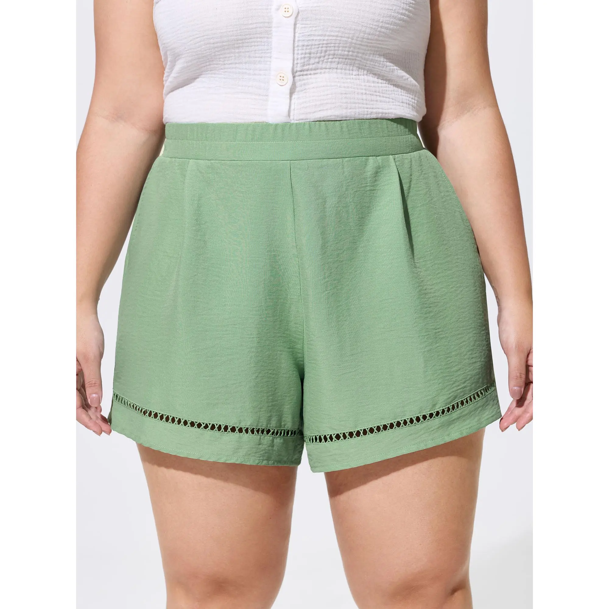 BloomChic Women's Plus Size Boho Solid Wide-Leg Shorts, Casual Mid Waist with Pockets and Cut-Out Patchwork Detail, Boho Cutout Flair, Boho Vibe