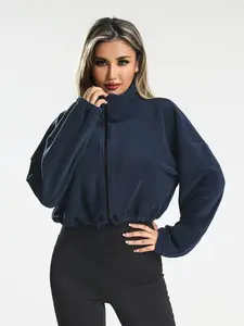 Women's Navy Blue Fleece Zip-Up Crop Jacket - Oversized Batwing Sleeve Casual Warm Top