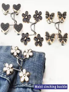 Adjustable Denim Waist Cinchers Set of 4, Elegant Metal Button Pins for Women's Pants, Durable Waist Adjuster No Sewing Needed, Floral Appliques
