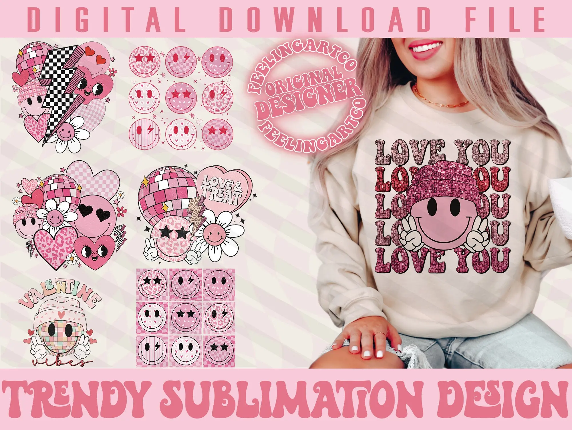 Retro Valentines Happy Face Sweatshirt Bundle, Valentines Sublimation Design, Retro Smile Valentines Day Sweatshirt, Love Sweatshirt, Heart Sweatshirt, Groovy Valentine