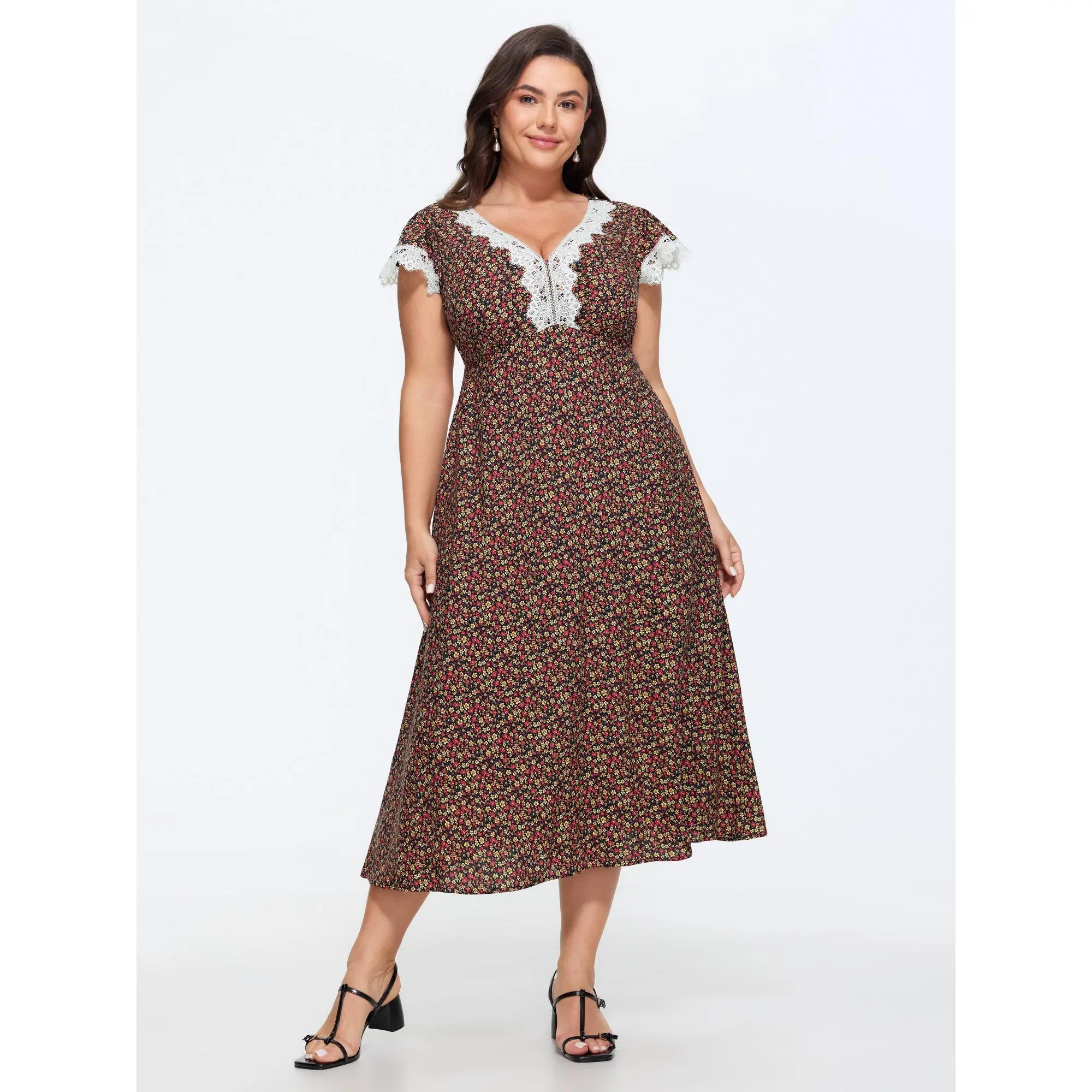 BloomChic Women's Plus Size Micro-Floral Print Lace Trim Midi Dress [M-6X] 2026, Cap Sleeves, Flutter Sleeves, Low Iron, Cold Wash, Do Not Tumble Dry, Summerfinds, Patchwork, Pull On, Women Dresses, Rayon, Wash With Like Colors