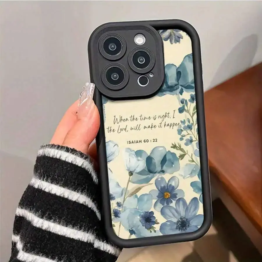 Blue Flower Bible Verse Phone cases Case Compatible with For iPhone 17 Pro Max 16 16e 15 14 Plus 13 12 Mini 11 Air X XS Pattern TPU Lens Protection Durable Soft Cover Valentine's Day Gift 2D printing, Accessories, Smartphone, Silicone, Flowers, Casing, Pr