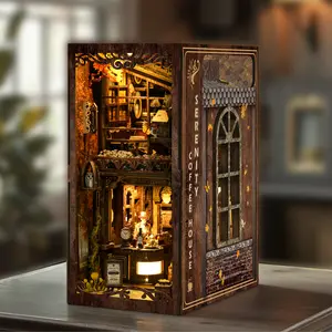 Serenity Coffee House DIY Book Nook Kit Miniature Bookshelf Insert Handmade 3D Wooden Puzzle Fantasy Library Diorama Unique Gift with Vintage Furniture and Built-in Lights