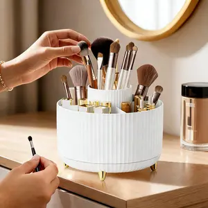 UFORU 360° Rotating Makeup Organizer 5 Compartments Luxury Stripe Cosmetic Brush Holder Multi-functional Desktop Storage Box for Brushes Lipstick Skincare Jewelry Stationery