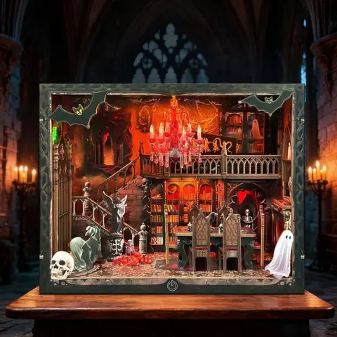 3D Wooden Miniature House Kit - Light-Up 3D Wooden Puzzle, Halloween Book Nook Shelf Insert Bookend, Spooky Customizable Decor, DIY Assembly Woodwork Gift for Adults 14+, Friends, Family, Craft Lovers