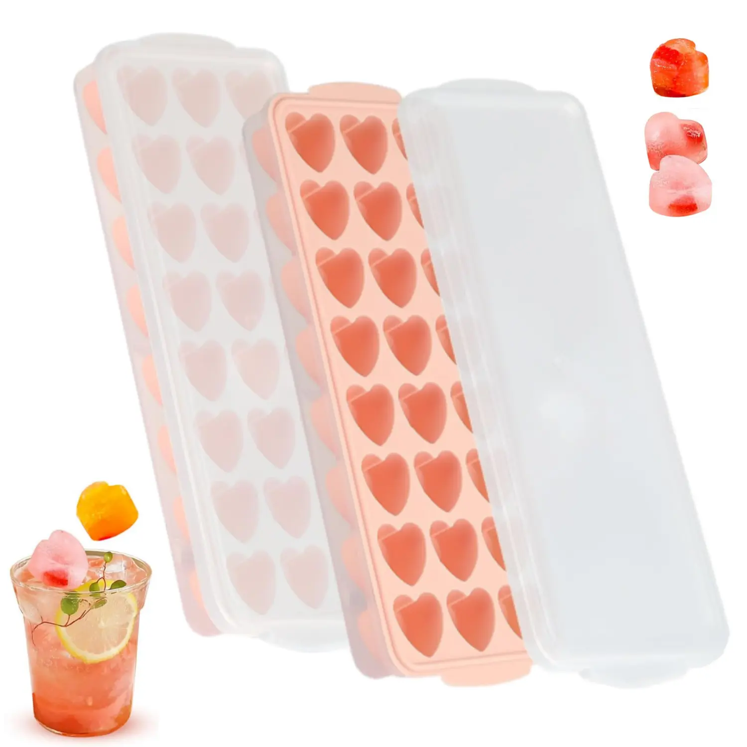 2PCS Heart-Shaped Ice Cube Trays with Lid and Bin - 24 Grids Silicone Mini Heart Ice Cube Tray, BPA Free and Dishwasher Safe, Heart Shape Ice Cube Mold, Easy to Remove (2 pink with Lid & Bins)