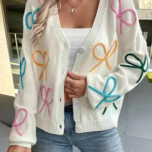 Sweet Temperament Three-dimensional Flower Loose Long Sleeve Sweater Autumn Winter Colorful Bow V Neck Sweater Cardigan Women Knit Cardigan