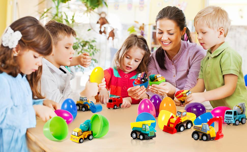 12 Plastic Easter Eggs Filled with Pull-Back Engineering Toys Gift for Easter Egg Hunt, Birthday Party for Kids Over 3 Years Old