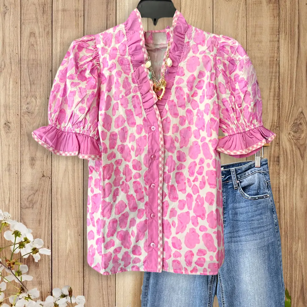 Sage Vell Pink/ Green Leopard Print Ruffle Blouse for Women Vintage V Neck Puff Sleeve Button Down Shirt Casual Summer Short Sleeve Tops Cute Aesthetic Daily Wear Party Beach Blouse
