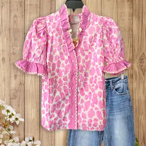 Sage Vell Pink Leopard Print Ruffle Blouse for Women Vintage V Neck Puff Sleeve Button Down Shirt Casual Summer Short Sleeve Tops Cute Aesthetic Daily Wear Party Beach Blouse