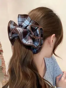Women's Fashion Plaid Fabric Hair Tie, Elastic Hair Accessory, Four-Layer Bowknot Headband, Preppy Style, Suitable for Back-To-School & Daily Use