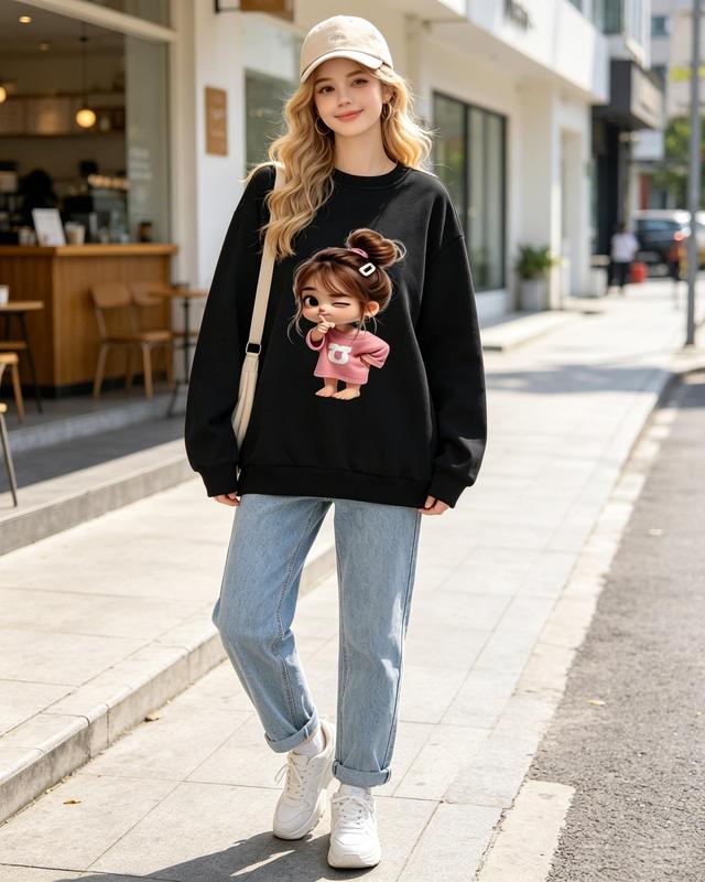 Cute Wink Shhh Girl Graphic Crewneck Sweatshirt Women Fall Pullover Top