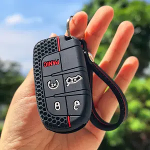 Premium Protective Key Cover Silicone Car Key Case with keycahin for JEEP Cherokee, Grand Cherokee, for DODGE Hellcat, Challenger, Journey, Charger, Jcuv, for CHRYSLER 300C with 5-Button Key Shell Fob Holder, Car Key Protector, Car Key Accessory
