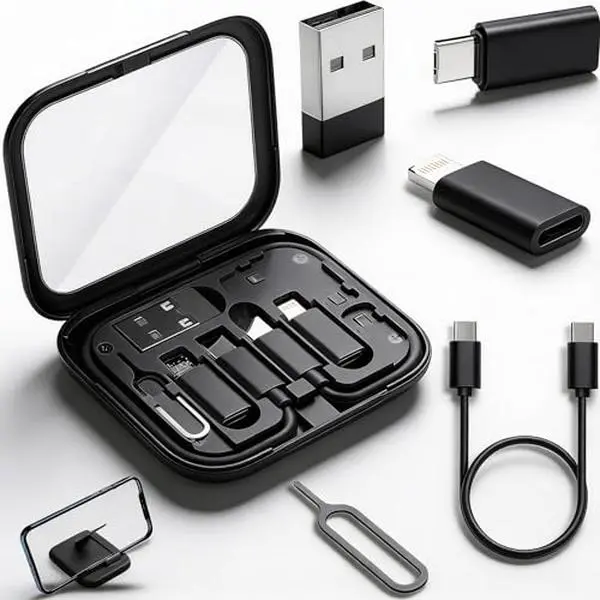 JOYTUTUS Multi-Function Mobile Accessory Adapter Kit - Type-C to Lightning Connector, USB-A Connector, OTG Capability, Black Built-In Mirror, 12-In Cable, Micro-USB Converter for iPhone, Galaxy Devices