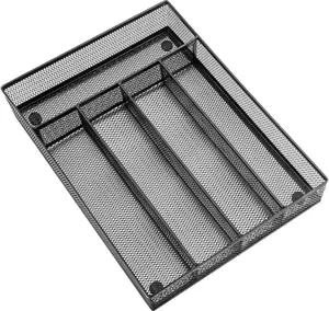 Utensil Drawer Organizer, Mesh Wire Silverware Organizer Divider for Kitchen, Stainless Steel Cutlery Flatware Storage Tray with Non-Slip  , 5 Compartment, 12.5 x 9.2Inch, Black