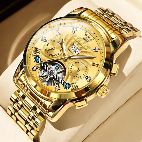 OLEVS Automatic Movement Men's Watch - Gold Skeleton Tourbillon, 5 Hands Mechanical, Classic Luxury, Multi Calendar, Stainless Steel, Waterproof, 41mm Case, 0 Battery Fuss, 9910, Automatic Movement, Zero Battery Fuss