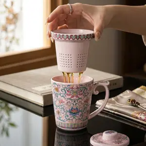 Premium Ceramic Tea Infuser Mug 3-Piece Set, Traditional Pink Lotus Pattern Porcelain Cup with Strainer Lid, Loose Leaf Tea Brewer Office Mug