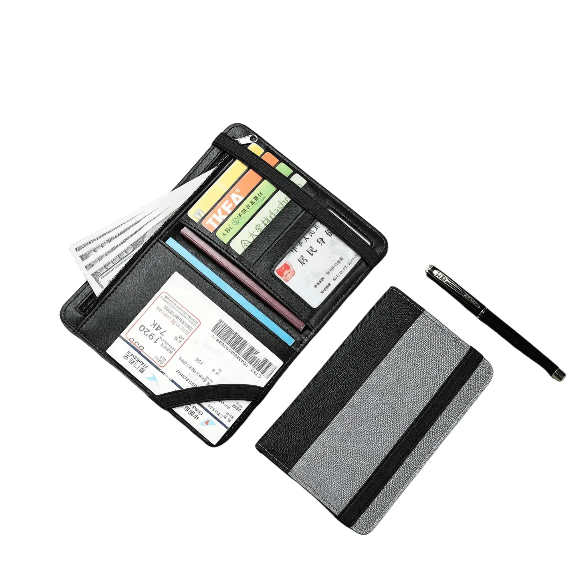 Men's Patchwork Black Minimalist Bifold Leather Passport Holder - Waterproof, RFID Blocking Travel Document Bag with Large Capacity, Decorative Patches, Street Style Design, Passport Holder - Patchwork Black