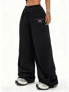 Black Oversized Wide-Leg "I'm Literally Just A Girl" Bow Print Joggers - Drawstring Waist Casual Printed Sweatpants