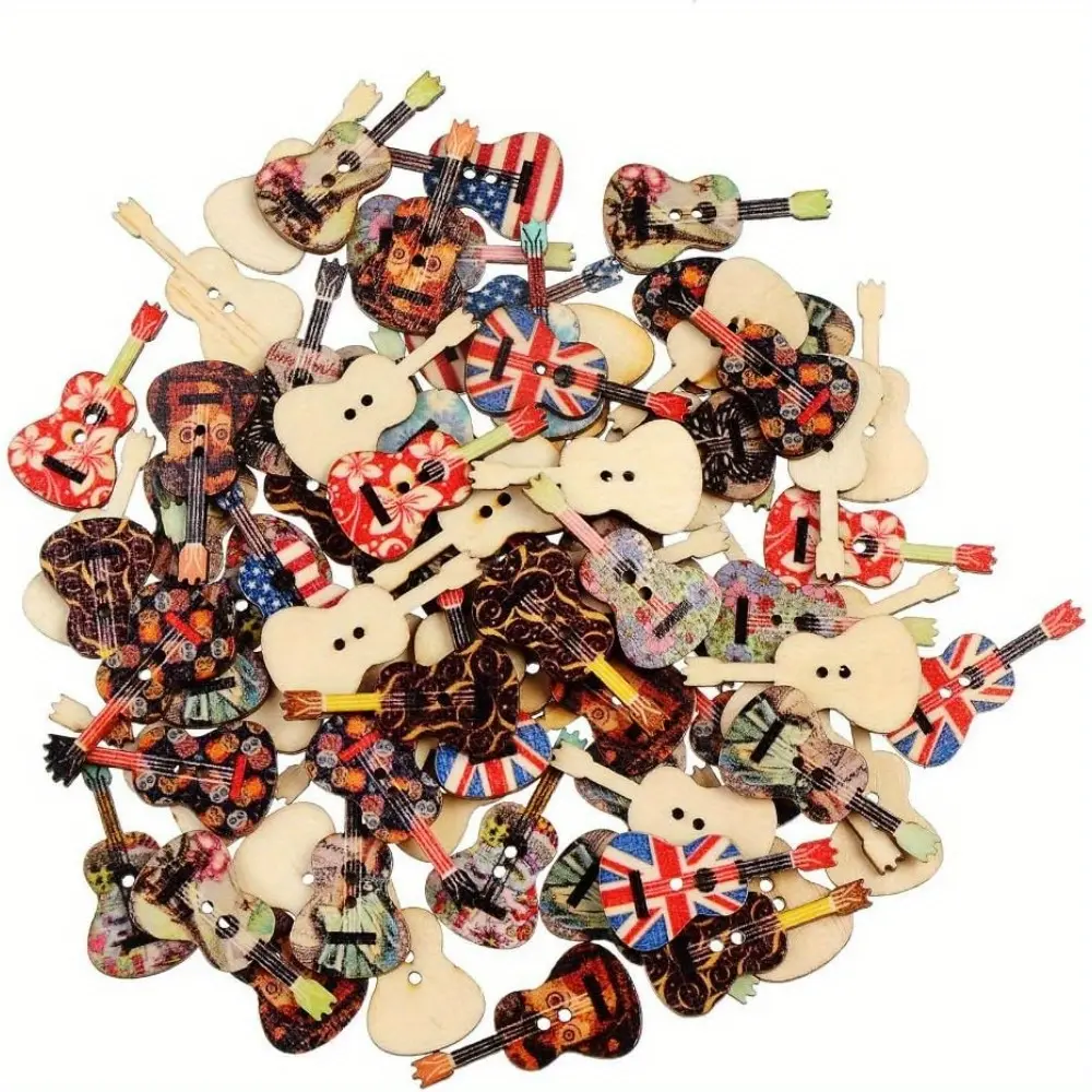 100pcs Vintage Style Guitar-Shape 2-Hole Printed Wooden Buttons, Retro Look Music Theme Sewing Accessories for Craft Sewing, DIY Decor