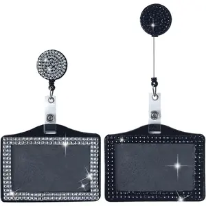 2 count Bling Horizontal ID Badge Holder, Retractable Glitter   Lanyard, Rhinestone Name Badges, Portable Work Badges Reel Clip for Office Business  Black White