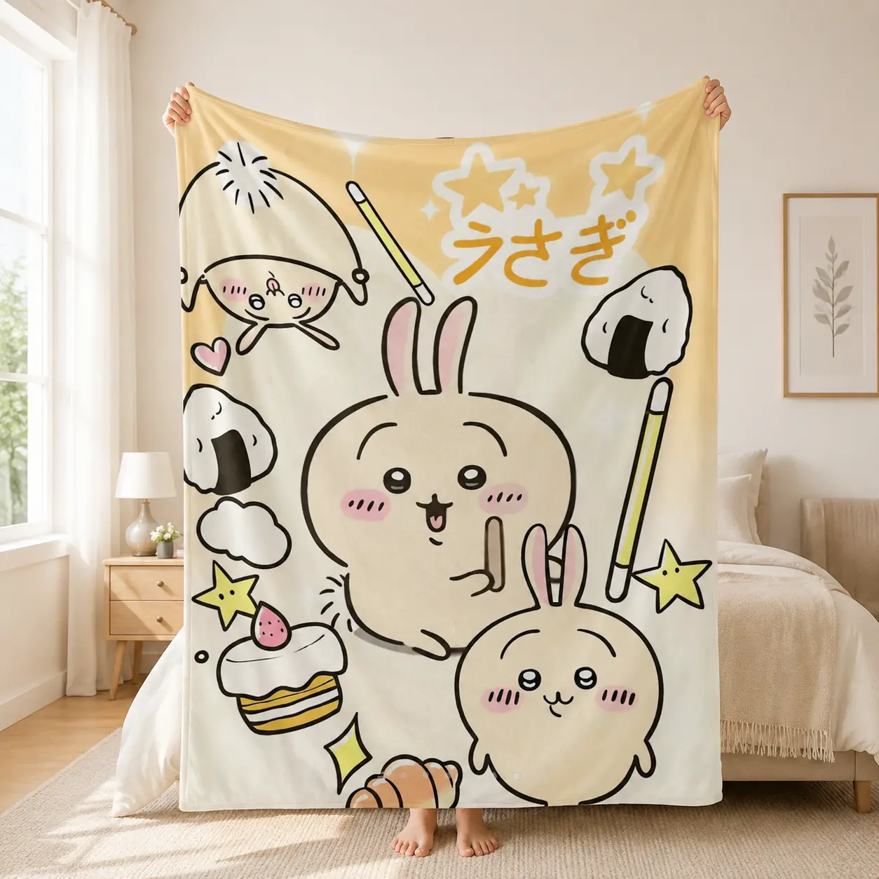 Kawaii Bunny Flannel Blanket Cute Anime Throw Blanket Soft Cozy Fleece Throw for Bed Couch Sofa, Warm Plush Blanket for Kids Girls Adults Home Decor Gift